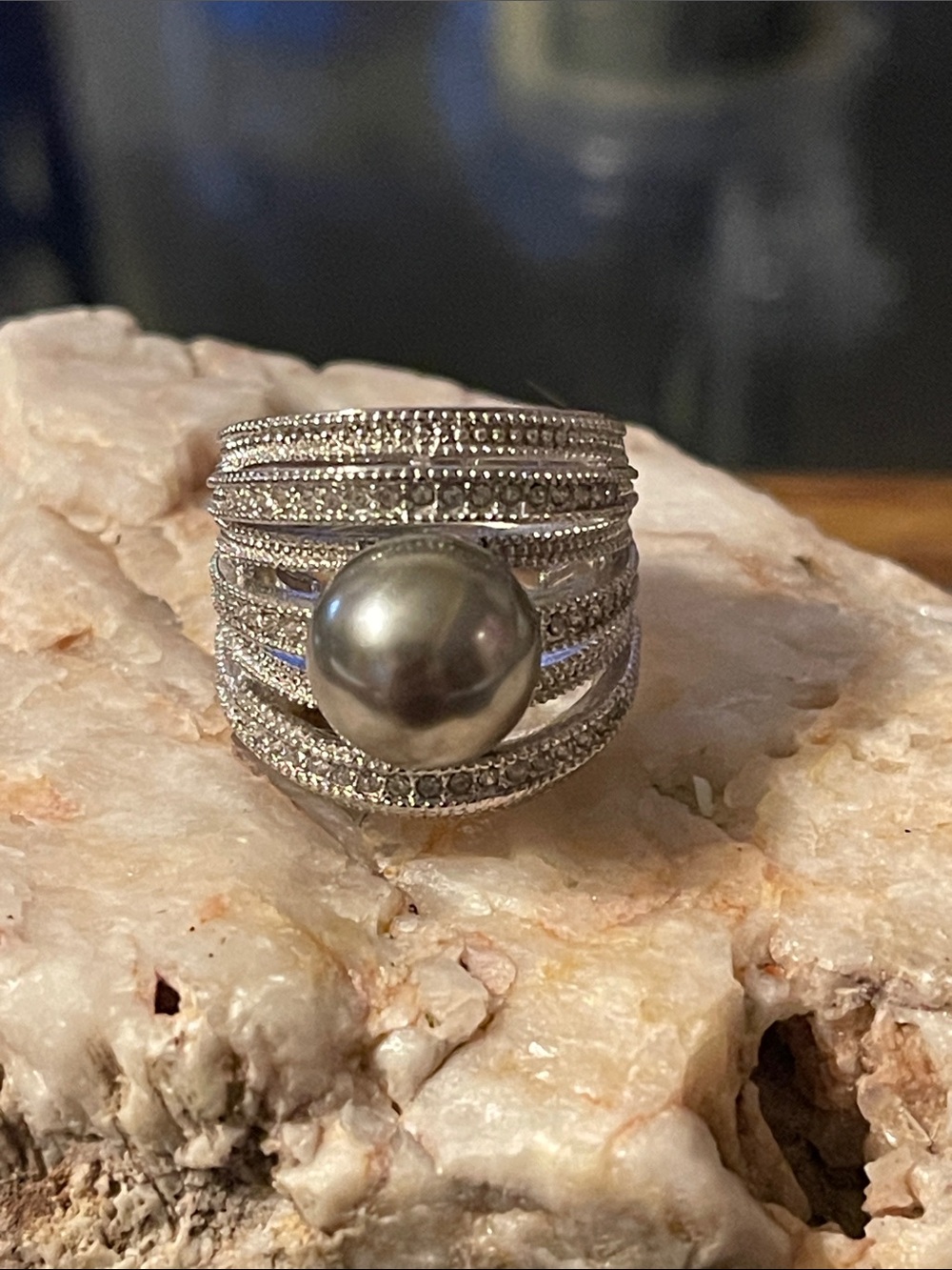 Sterling Silver Multi-Row Ring with Gray Pearl Accent